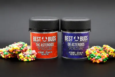 Best Buds THC Asteroids and D8 Asteroids jars with candy-coated gummies