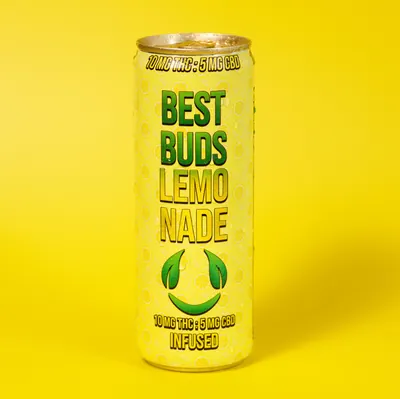 A can of Best Buds Lemonade on a bright yellow background